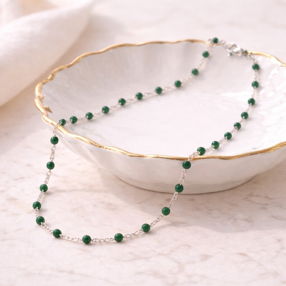 Necklace - 16” Stainless Steel Silver tone Necklace with Green Bead Accents